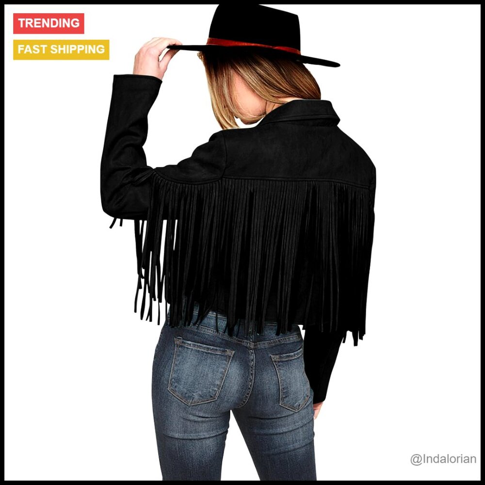 Faux Suede Fringe Cropped Jacket Motorcycle Biker Chic Fall Fashion Slim Fit